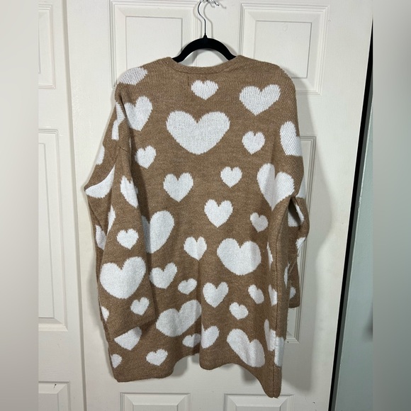 Maeve Anthropologie Heart Print Oversized Cardigan Tan Cream Open Front - Picture 4 of 5